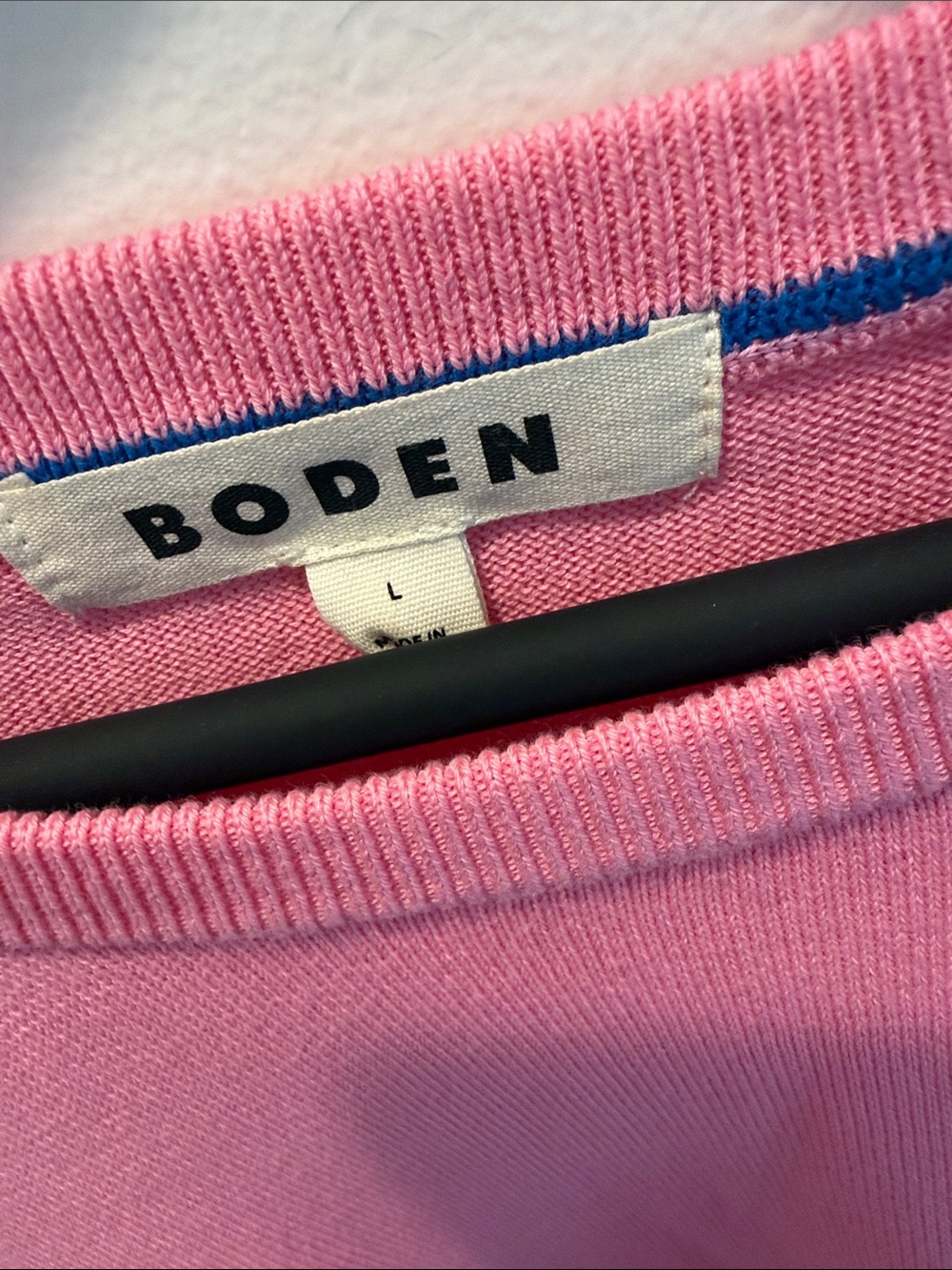 Boden Pink Crewneck Sweater with Blue, White and Green Cuffs - Picture 2 of 5